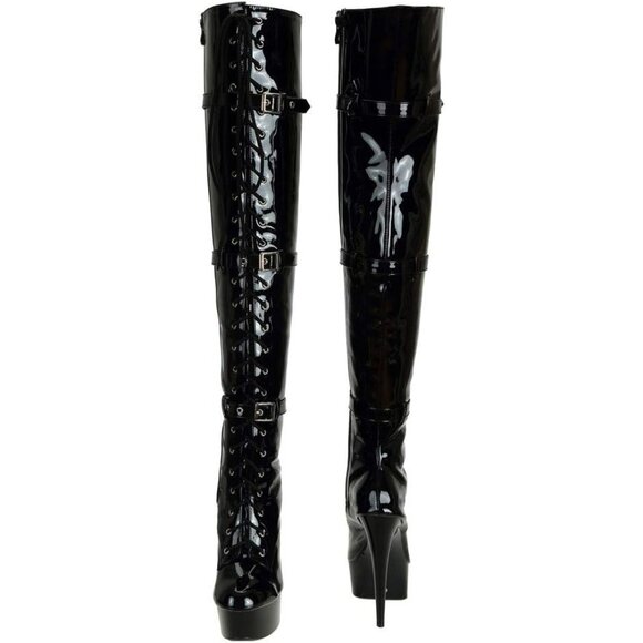SheSole Women's Patent Leather Thigh High Heel Boots | Platform Zip Lace Up - Picture 2 of 9